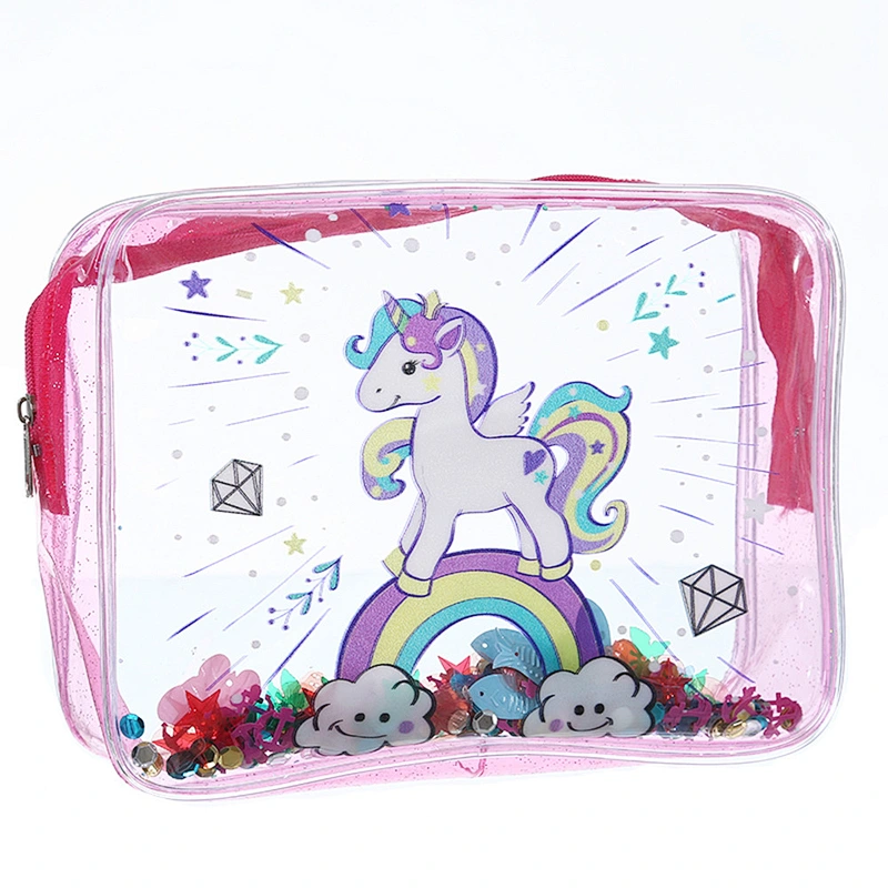 Cute Waterproof Pvc Animal Unicorn Glitter Pencil Hand Bag New Transparent Cosmetic Make Up Bag