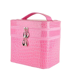 Large Capacity Double Layer Portable Travel Crocodile Pattern Beauty Makeup Cosmetic Case