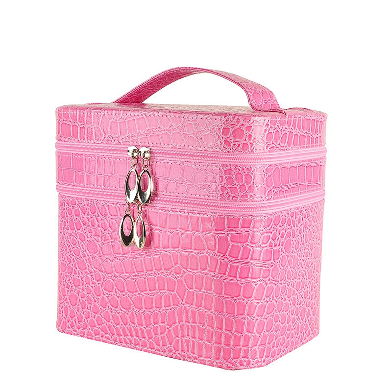 Large Capacity Double Layer Portable Travel Crocodile Pattern Beauty Makeup Cosmetic Case