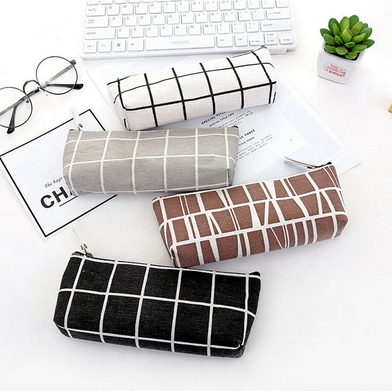Canvas Geometric Pencil Case School Simple Striped Grid Cute Kawaii Pencil Bag Pouch Office Students Kids Stationery Supplies