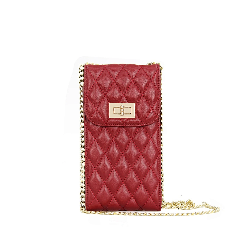 Wholesale Genuine Leather Mini Change Pouch Vertical Style Wild Rhombic Sheepskin Messenger Bag Mobile Phone Bag