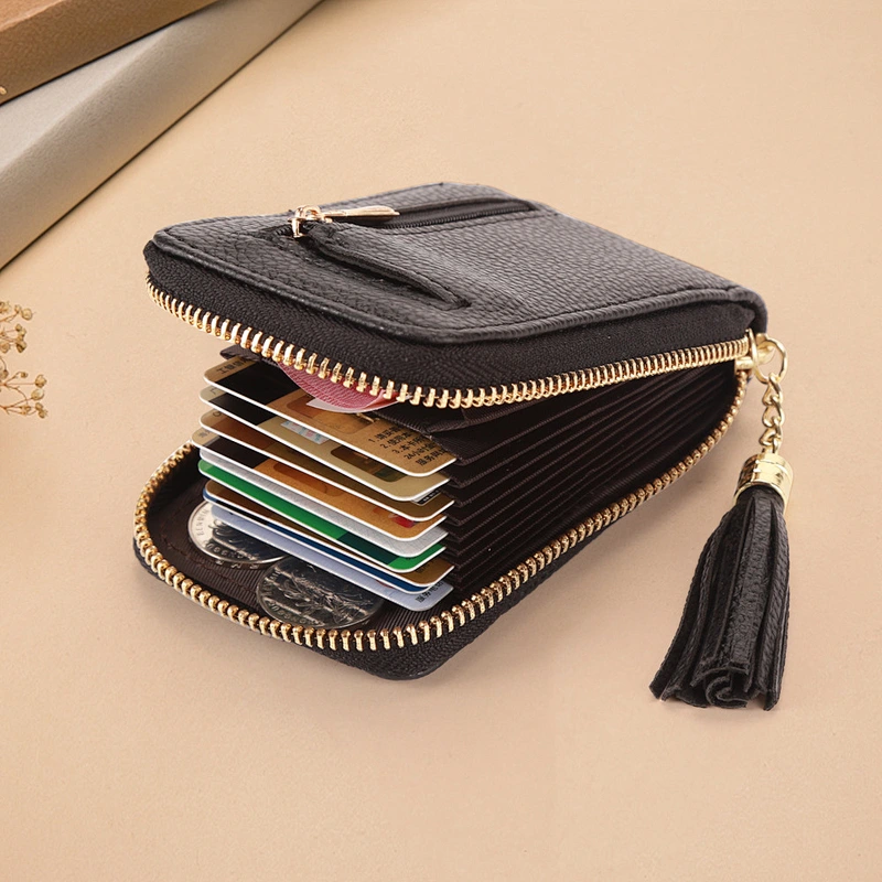 Grain Leather Card Holder Pocket Organ Card Case Zipper Wallets Coin Purse ID Window With Tassel