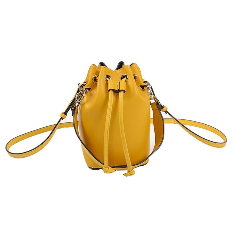 Fashion women genuine leather hand bag lady bucket shoulder handbag with drawstring