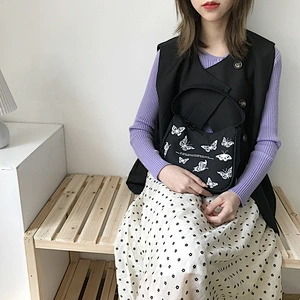 Spring Women Small Handbag Butterfly Print Canvas Tote Ladies' Fashion Underarm Bag Zipper Half Moon Bags Cloth Purse