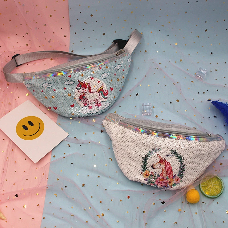 Reversible Flip Unicorn Pattern Design Sequin Belt Bag Unicorn Sequin Kids Waist Bag, Adjustable Waist Pack Bag