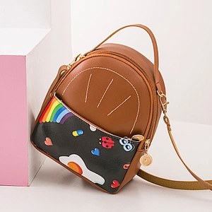 2020 New Korean Trend Simple Casual Soft Leather Mini Backpack Rainbow Printing Female Student School Bag