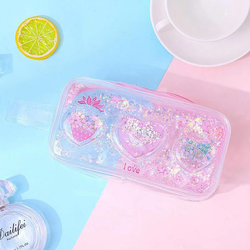 Fashion Floating Shiny Holographic Liquid Quicksand Glitter Makeup Cosmetic Bag Crystal Pencil Case