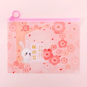 ins girl pink cherry blossom rabbit ring zipper file bag small fresh student storage bag stationery pencil bag