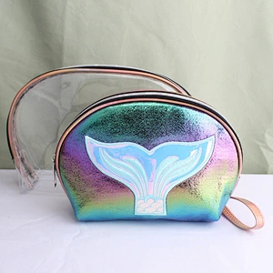 2 Pcs Women Lipstick Waterproof Portable Large Capacity Makeup Mermaid Laser Cosmetic Bag