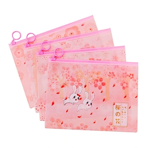 ins girl pink cherry blossom rabbit ring zipper file bag small fresh student storage bag stationery pencil bag