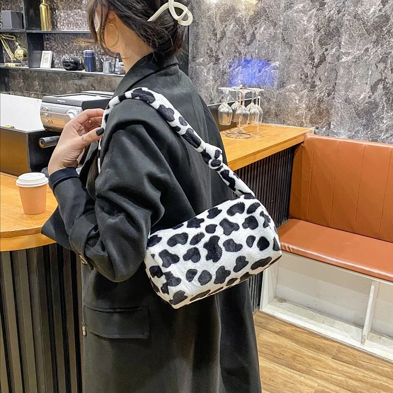 Retro Leopard Pattern Print Warm Fur Female Plush Crossbody Bag For Women Winter Shoulder Bags Handbag
