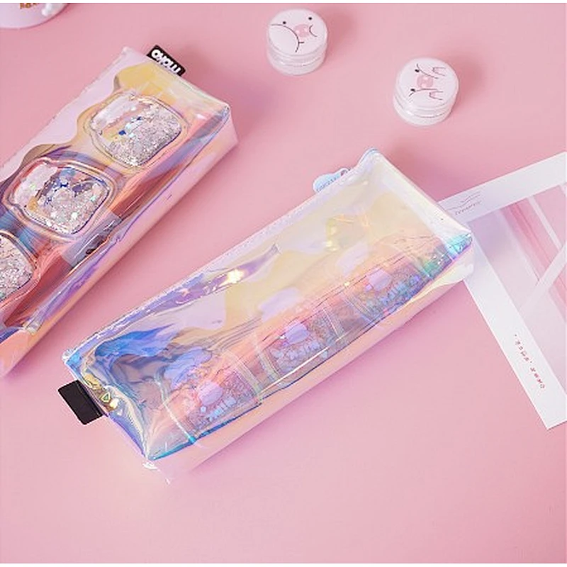 Korean Version Simple Beard Snap Button Pencil Bag PVC Student Stationery Bag Cosmetic Storage Pencil Bag
