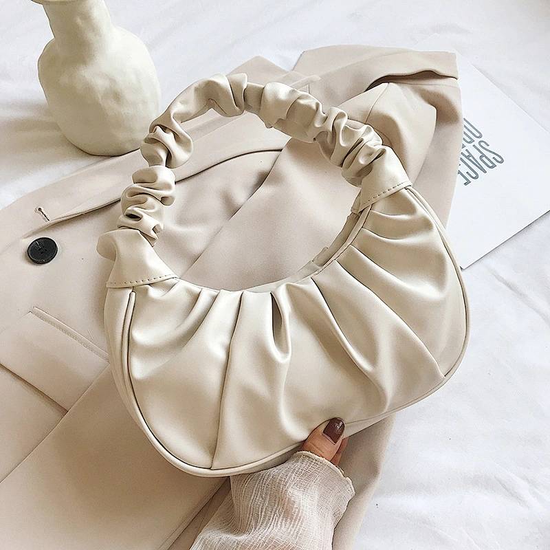 Soft High Quality Leather Pure Color Ruched Pattern Woman Shoulder Bag
