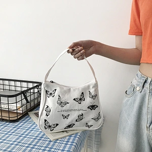 Spring Women Small Handbag Butterfly Print Canvas Tote Ladies' Fashion Underarm Bag Zipper Half Moon Bags Cloth Purse