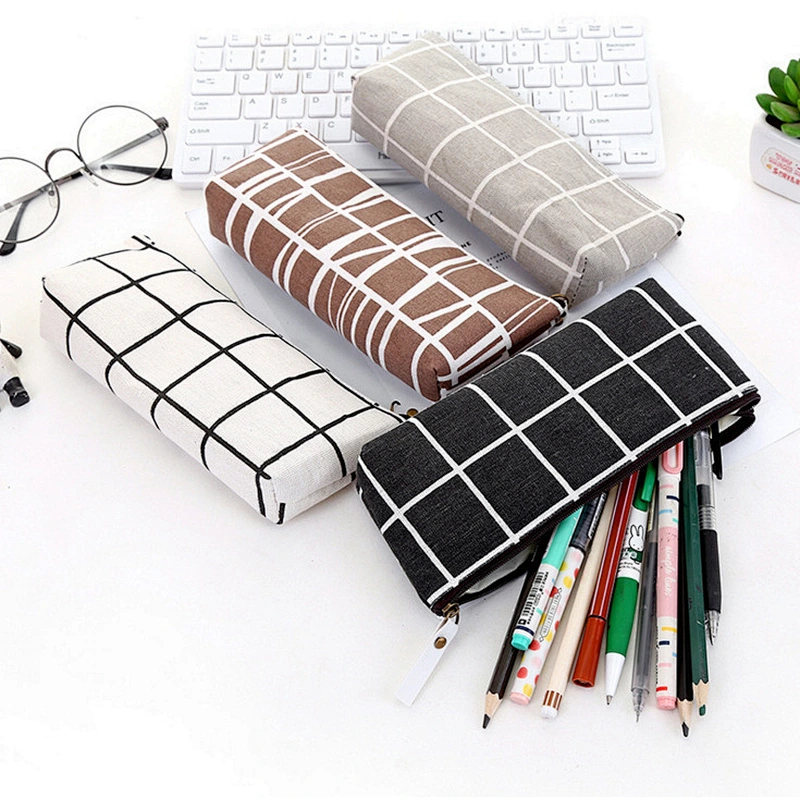 Canvas Geometric Pencil Case School Simple Striped Grid Cute Kawaii Pencil Bag Pouch Office Students Kids Stationery Supplies