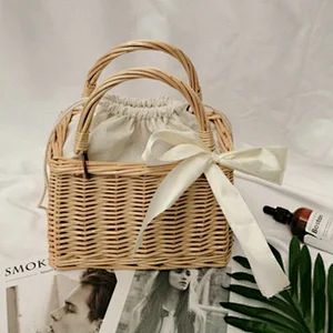 Rattan Flower Basket Handbag Korean Woven Vegetable Basket Cloth Lining Willow New Female Summer Bamboo Woven Bag