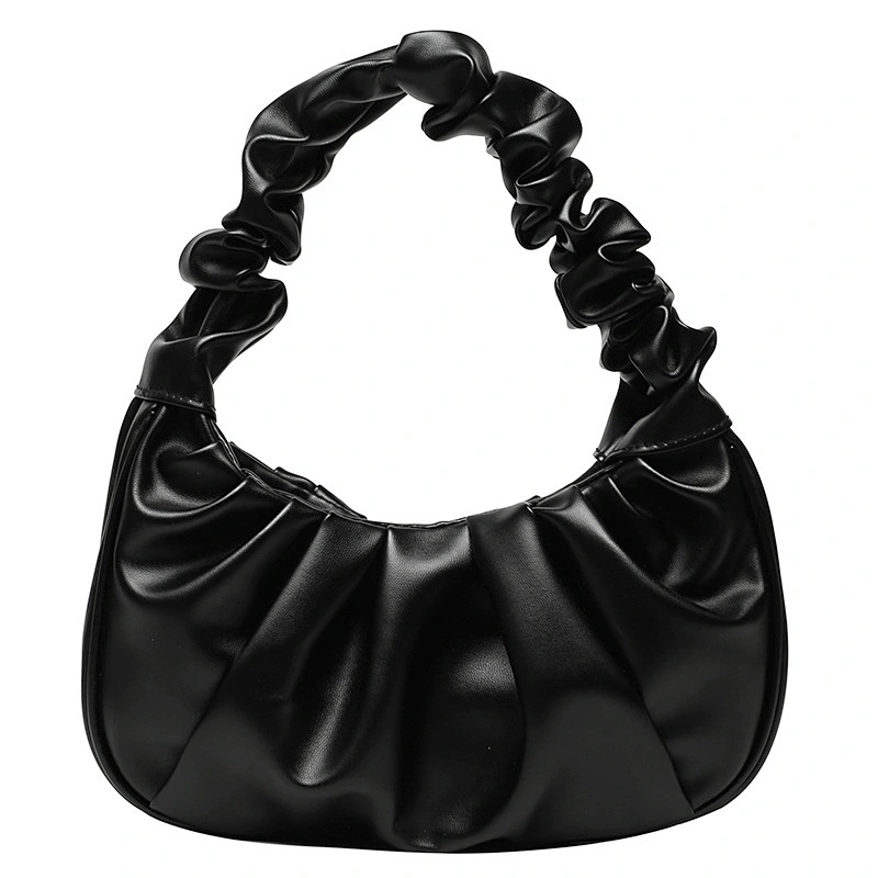 Soft High Quality Leather Pure Color Ruched Pattern Woman Shoulder Bag