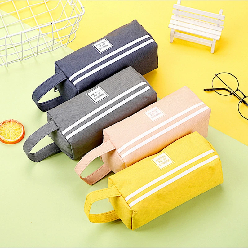 Creative Striped Double Canvas Pencil Case Student Multi-Function Solid Color Storage Stationery Box