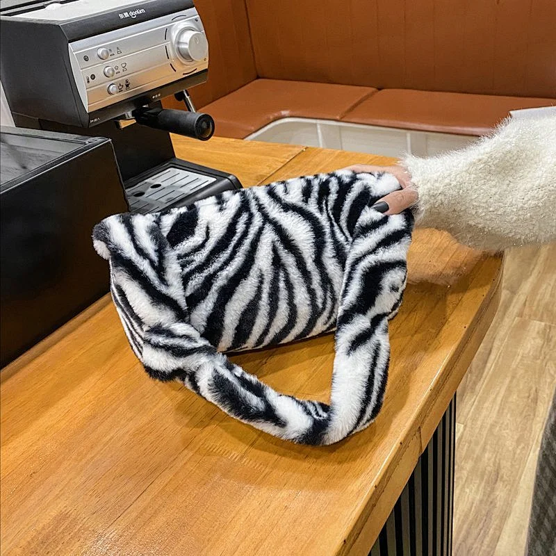 Retro Leopard Pattern Print Warm Fur Female Plush Crossbody Bag For Women Winter Shoulder Bags Handbag