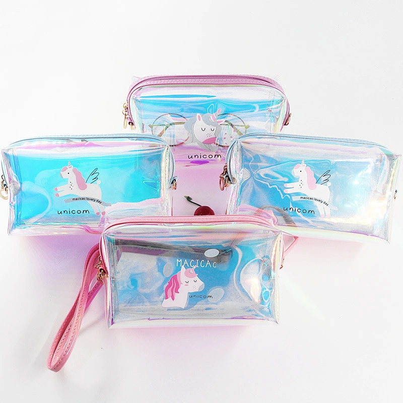 Personalized Custom Unicorn Cosmetic Bag Cartoon Cute Female Bag TPU Transparent Laser Holographic Bag