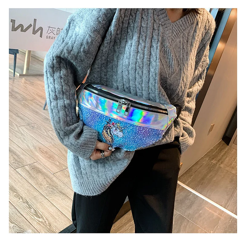 2021 New Fashion Waist Bag Creative Laser Sequins Children Unicorn Shoulder Diagonal Sequin Bag Women