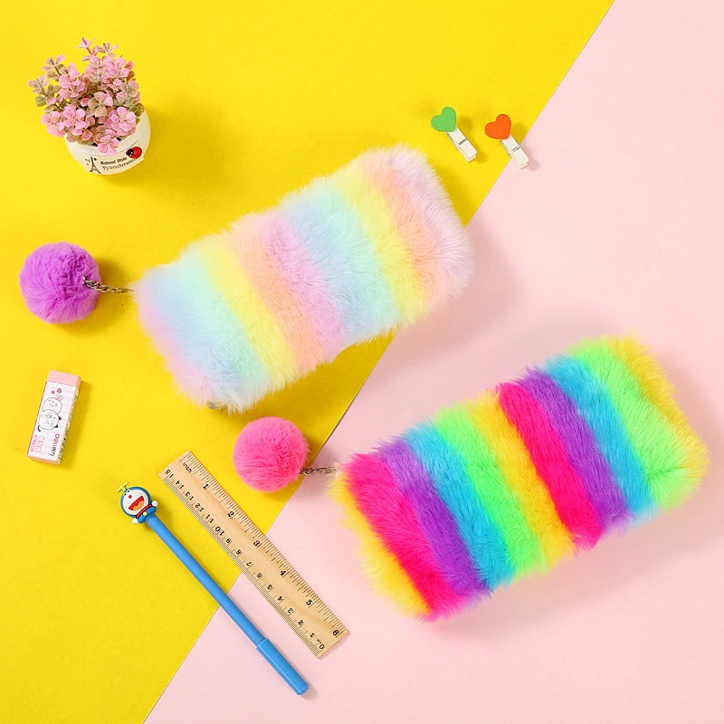 Color Plush New Rainbow Color Plush Pencil Bag Student Stationery Lady Plush Laser Pencil Case