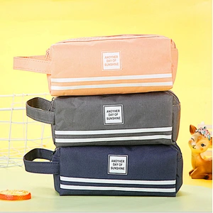 Creative Striped Double Canvas Pencil Case Student Multi-Function Solid Color Storage Stationery Box