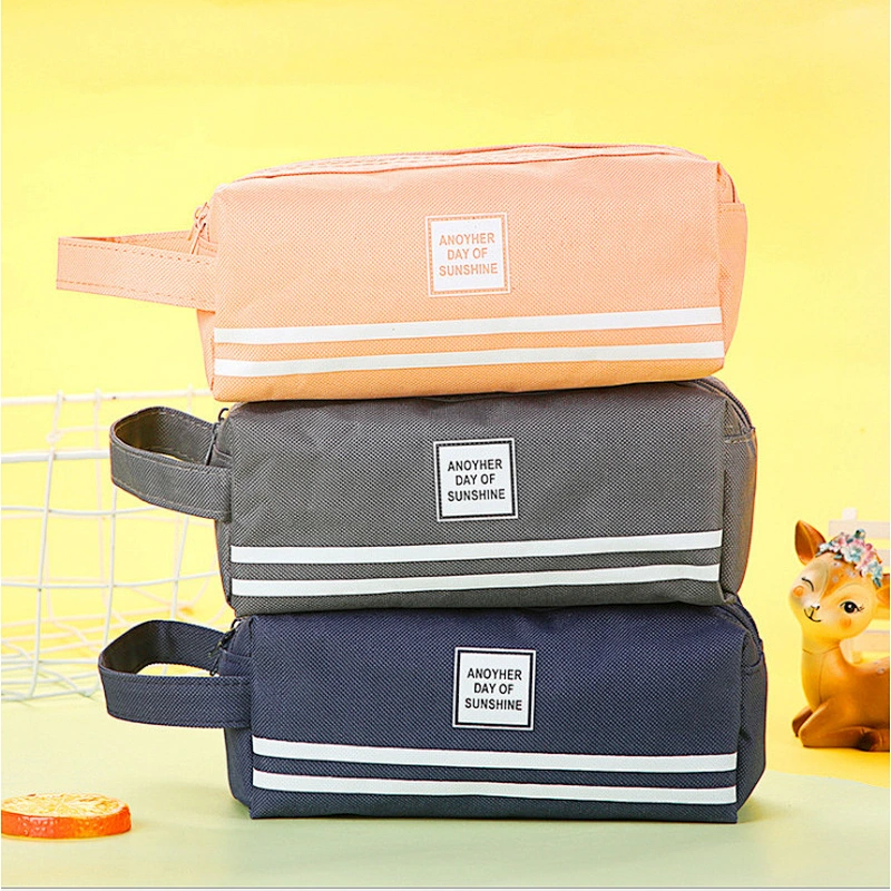 Creative Striped Double Canvas Pencil Case Student Multi-Function Solid Color Storage Stationery Box