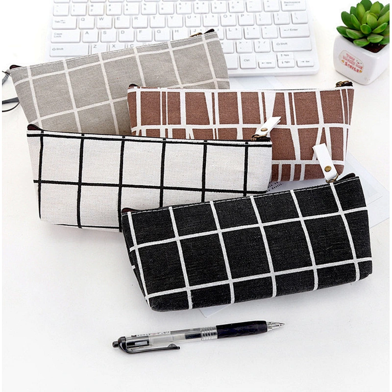 Canvas Geometric Pencil Case School Simple Striped Grid Cute Kawaii Pencil Bag Pouch Office Students Kids Stationery Supplies