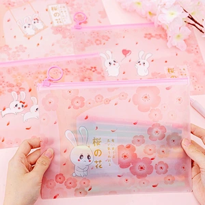 ins girl pink cherry blossom rabbit ring zipper file bag small fresh student storage bag stationery pencil bag