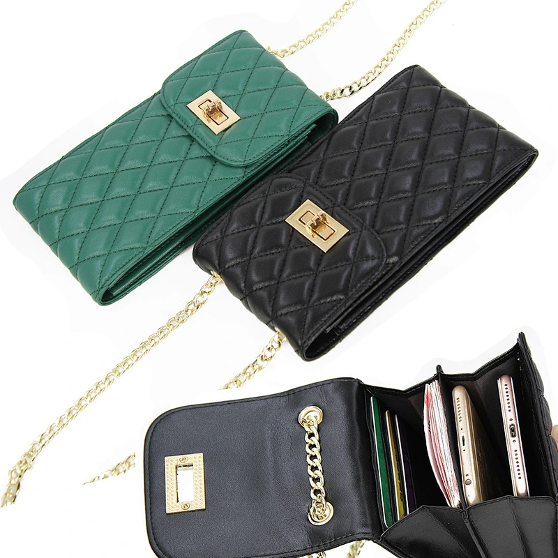 Wholesale Genuine Leather Mini Change Pouch Vertical Style Wild Rhombic Sheepskin Messenger Bag Mobile Phone Bag