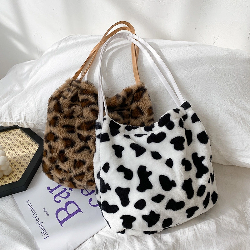 2020 New Winter Tide Soft Plush Bag Women Plush Shoulder Bag Large Capacity Cow Leopard Underarm Bag