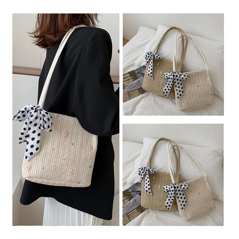 Ins 2020 Small Straw Bucket Bag Summer New Fairy Rattan Beach Vacation Portable Shoulder Bag