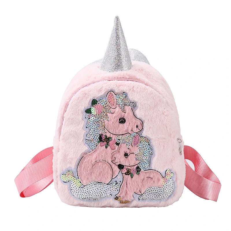 2020 new children's bag female plush pony girl princess school bag cartoon cute kindergarten shoulder bag