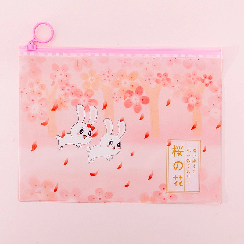 ins girl pink cherry blossom rabbit ring zipper file bag small fresh student storage bag stationery pencil bag