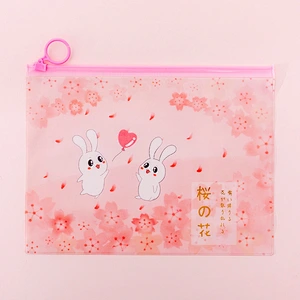 ins girl pink cherry blossom rabbit ring zipper file bag small fresh student storage bag stationery pencil bag