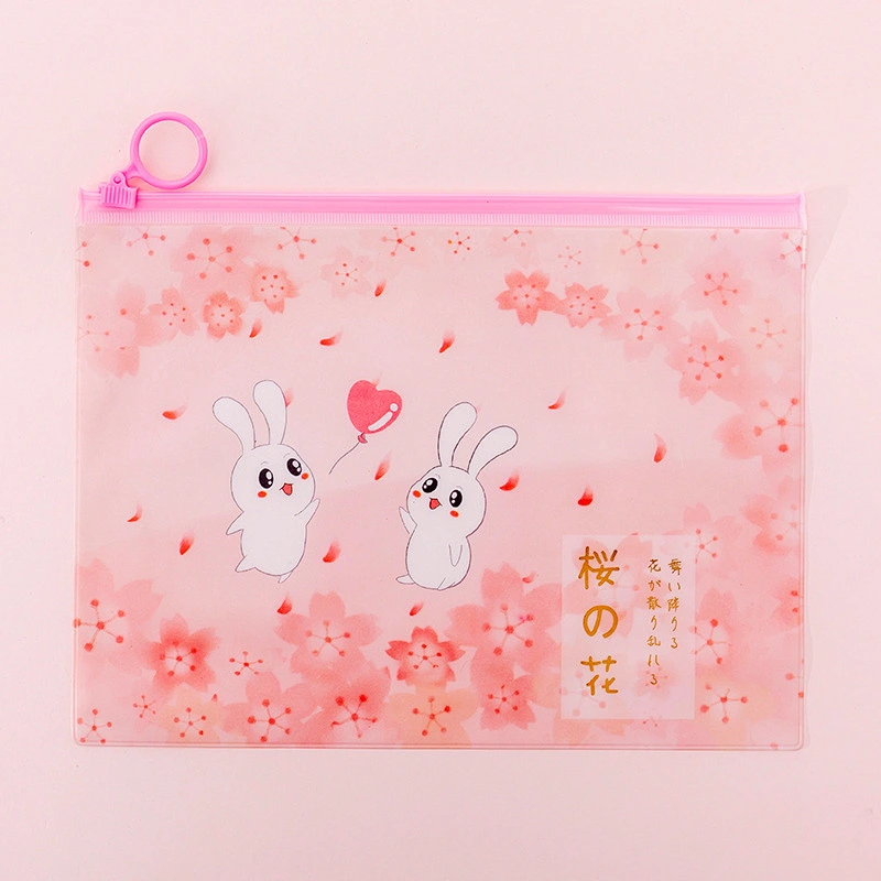 ins girl pink cherry blossom rabbit ring zipper file bag small fresh student storage bag stationery pencil bag