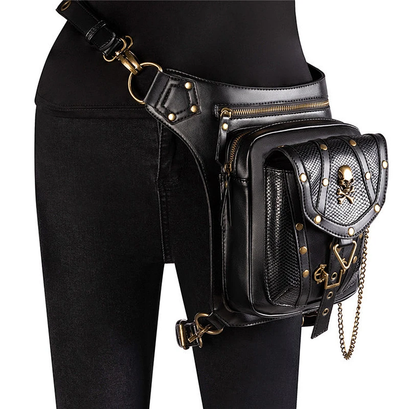 Fashion rivet mens gothic bag steampunk retro rock women skull waist bag shoulder messenger bags