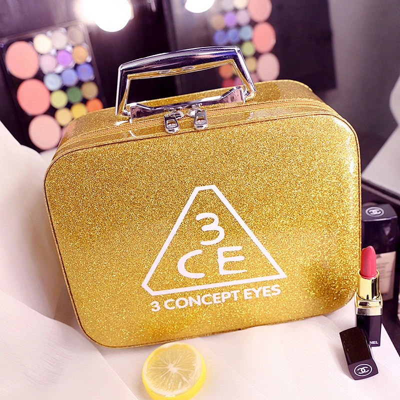 Professional Glitter PU Cosmetic Travel Makeup Trunk Case Large Capacity Make Up Organizer Storage Bag Beauty Case