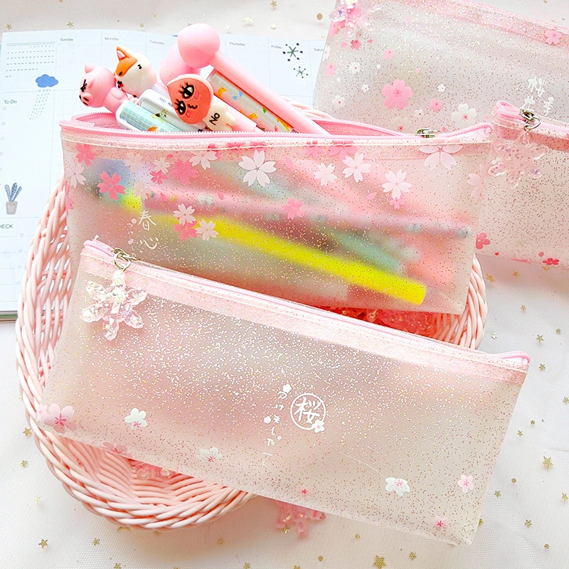 Pink Fresh Pencil Bag Transparent Frosted Storage Bag Stationery For Student School Supplies