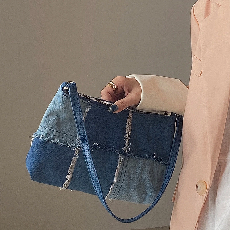 Denim Stitching Casual Underarm Bag Women 2021 New All-Match Color Contrast Concave Shape Portable Shoulder Bag