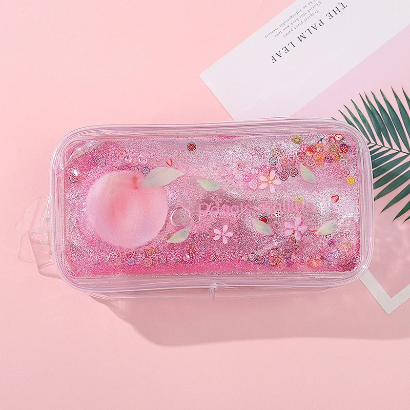 Cute Cartoon Peach Transparent Quicksand Pencil Case Avocado Portable Cosmetic Bag Pencil Case