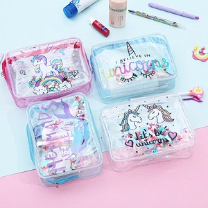 Cute Waterproof Pvc Animal Unicorn Glitter Pencil Hand Bag New Transparent Cosmetic Make Up Bag