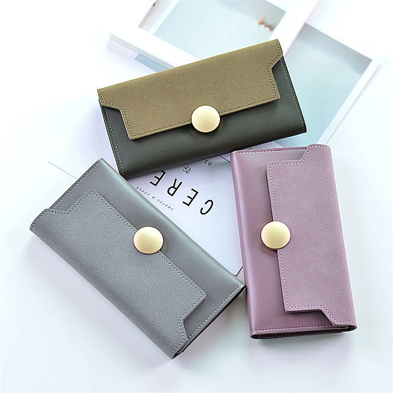 Cheap Fashion Leather Long Clutch Card Holder with Button Women mobile Leather Wallet