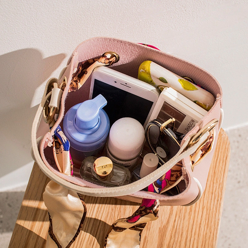Bucket Bag Women 2021 New Silk Scarf Pure Color Handbag Fashion Girl All-Match PU Crossbody Bag