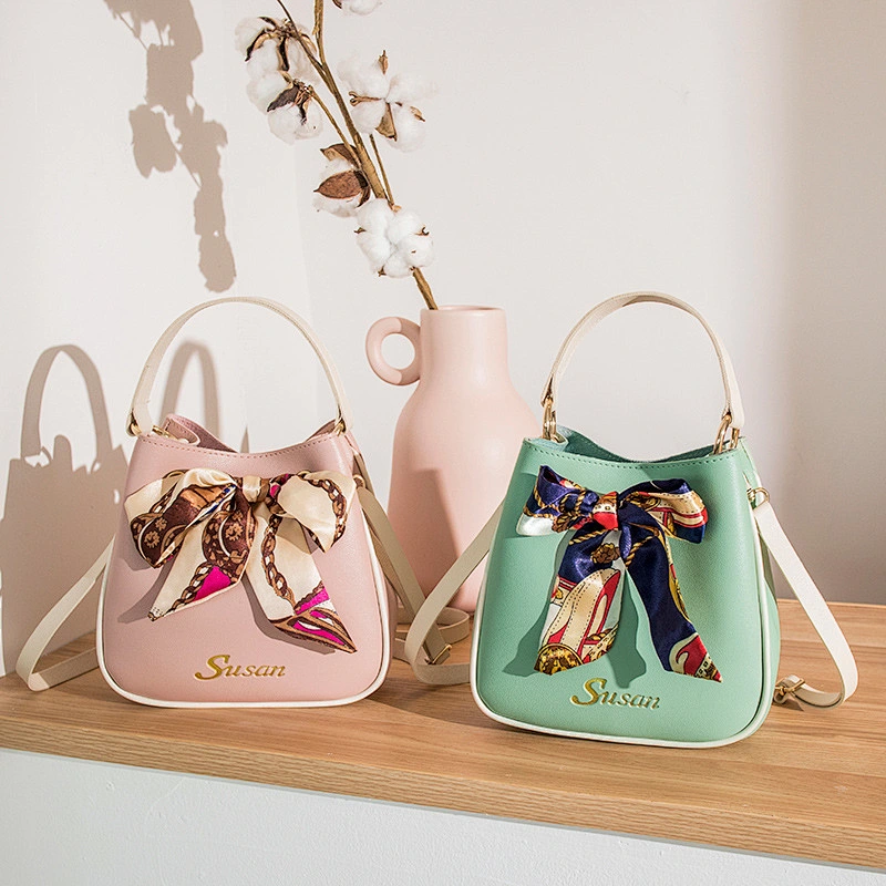 Bucket Bag Women 2021 New Silk Scarf Pure Color Handbag Fashion Girl All-Match PU Crossbody Bag