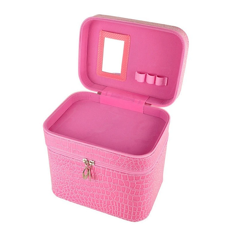 Large Capacity Double Layer Portable Travel Crocodile Pattern Beauty Makeup Cosmetic Case
