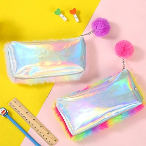 Color Plush New Rainbow Color Plush Pencil Bag Student Stationery Lady Plush Laser Pencil Case