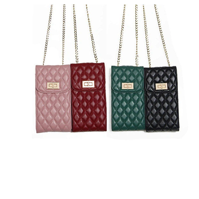 Wholesale Genuine Leather Mini Change Pouch Vertical Style Wild Rhombic Sheepskin Messenger Bag Mobile Phone Bag