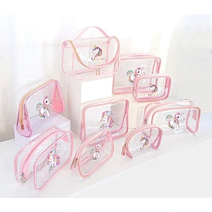 4 Styles Shape Size New Design Custom Unicorn Pattern Clear Cosmetic Brush Zipper Pouch PVC Makeup Bag